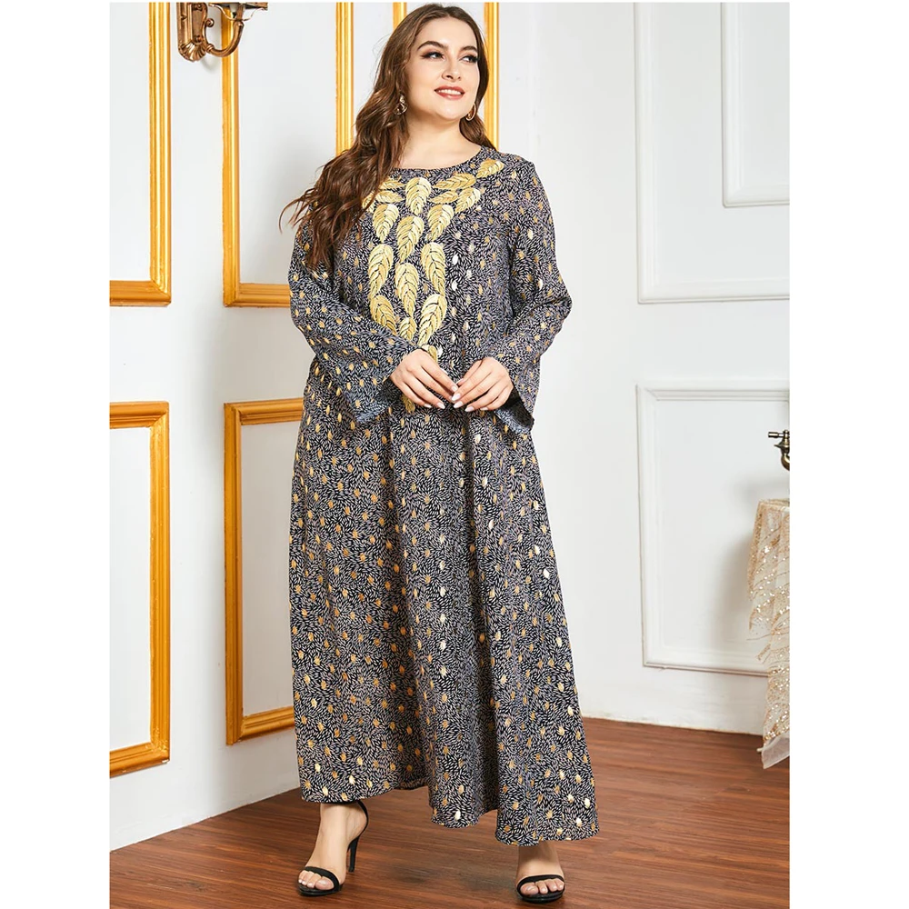 

Plus Size Embroidery Muslim Abaya Loose Women Arab Jilbab Printed Long Dress Casual O-neck Long Sleeve Maxi Robe Islamic Turkish