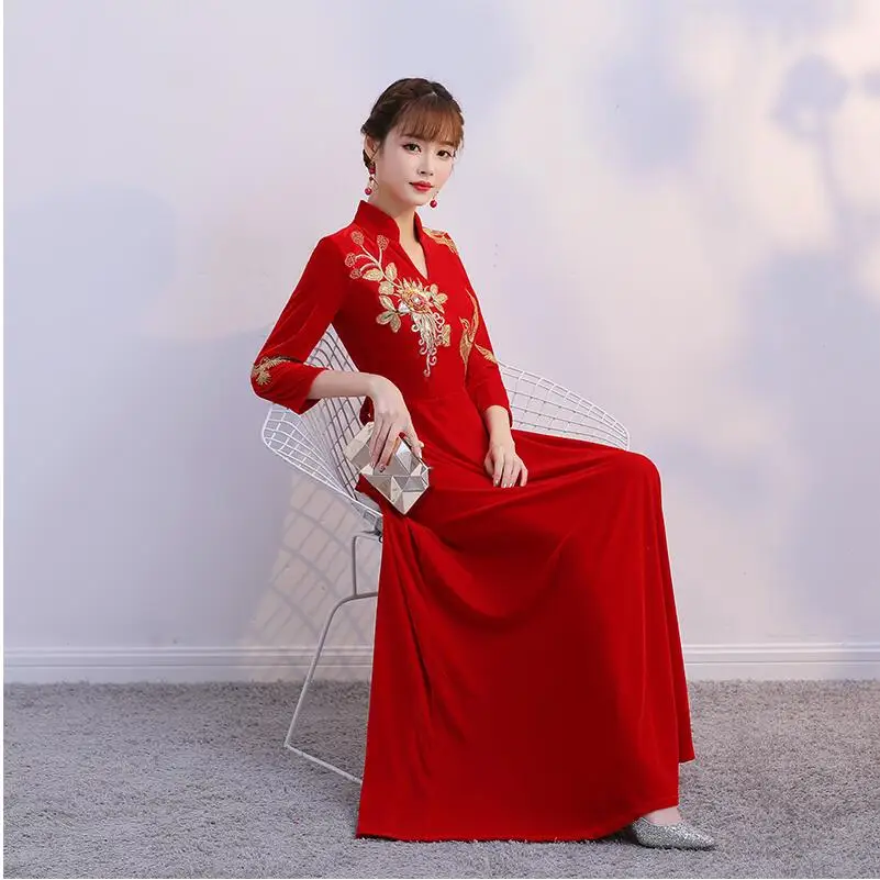 

Improve Embroidery Cheongsams Chinese Style Dress Spring Red Qipao Party Vintage Elegant Long Robe Oriental Vestido