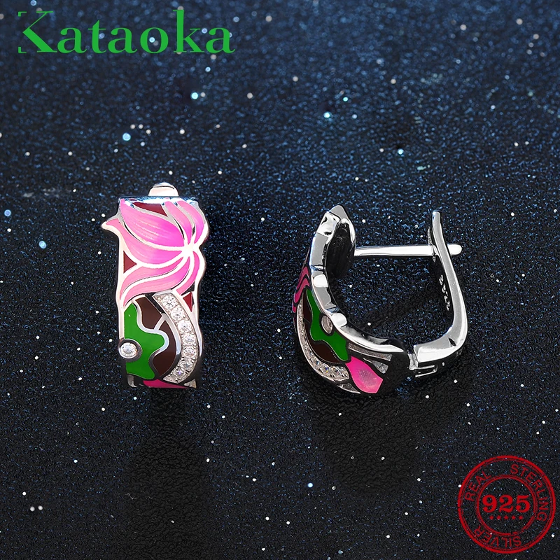 

Authentic 100% 925 Sterling Silver Charming Pink Lotus Colourful Enamel Stud Earrings DIY Party Jewelry gift 2018 Fashion