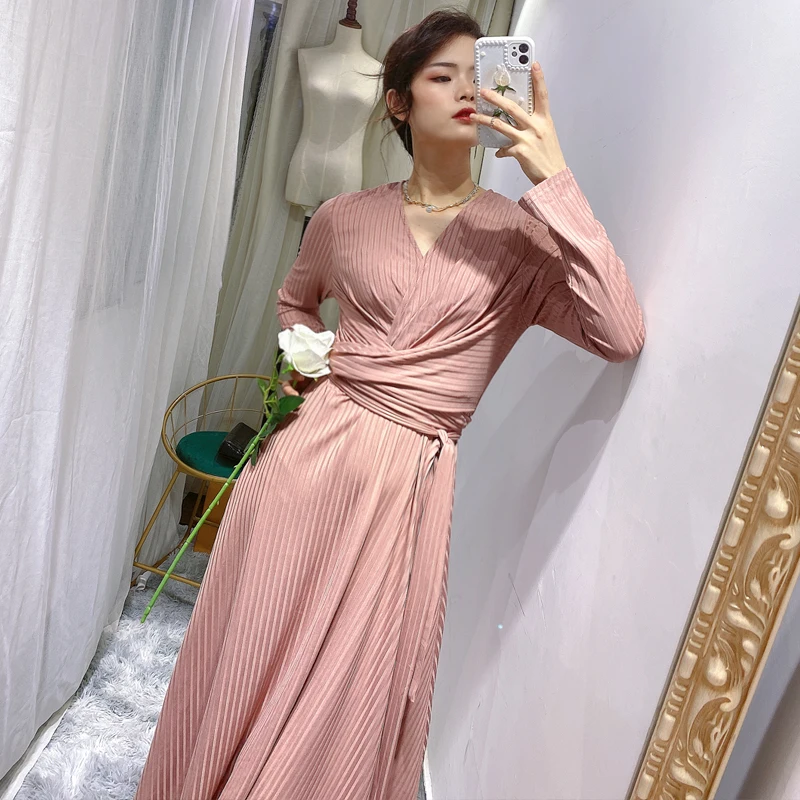 

CBAFU striped knitted spring autumn dresses long sleeve v neck sexy bandage split long dress slim vintage party vestidos M078