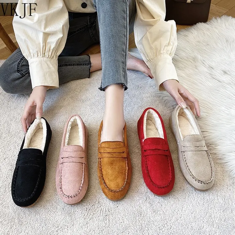 

Winter Women Shoes Flats Loafers Short Flock Inside Sewing Slip-On Casual Ladies Non-Slip Bottom Warm Female Comfortable Fashion