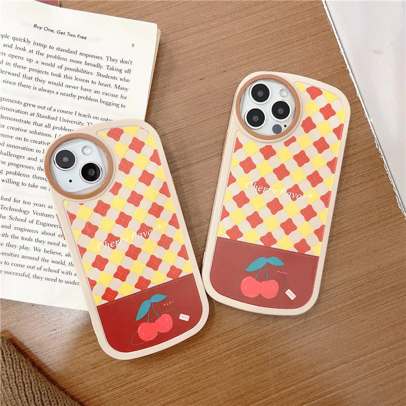 

Retro Sweet girls Cherry Plaid art Japanese Phone Case For iPhone 13 12 11 Pro Max Xs Max XR 7 8 Plus 7Plus case Cute Soft Cover