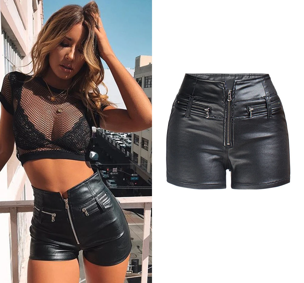 Шорты женские из искусственной кожи с завышенной талией эластичные облегающие