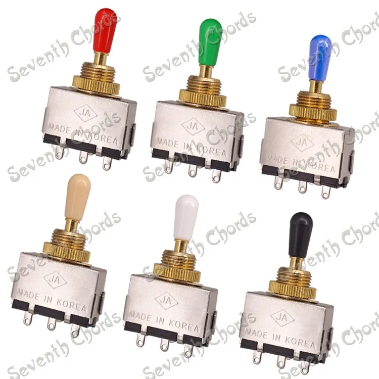 

2 шт., трехходовой переключатель для электрогитары, золото, 6 цветов, пластиковый наконечник на выбор