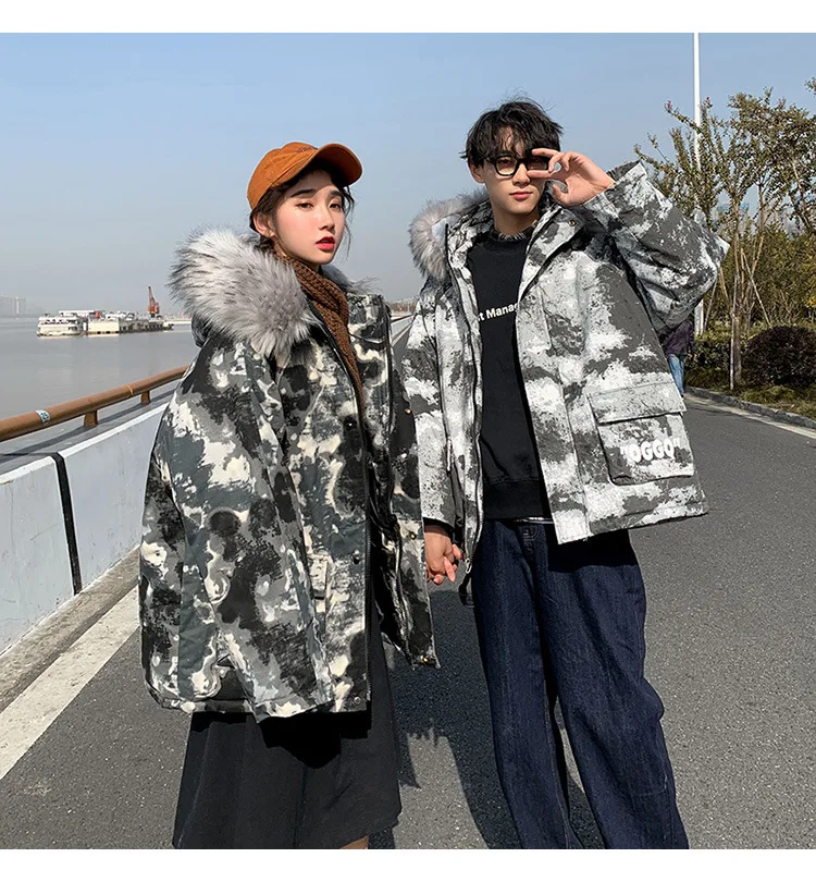 

Men's Hooded Long Fashion Tooling Jacket Winter Thickened Warmth Male Jacket Loose Lovers Large Size Tie-dye Cotton Jacket