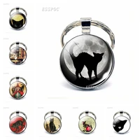 full moon black cat keychain glass cabochon jewelry gothic cat lover keyring with broom witch vintage kitten key chain gifts