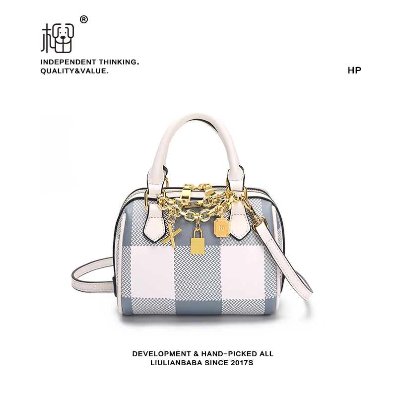 

2021 New Plaid Pattern Boston Bag Summer Fashion Tote Bag Female Purses and Handbags with Chain Decoration for Women