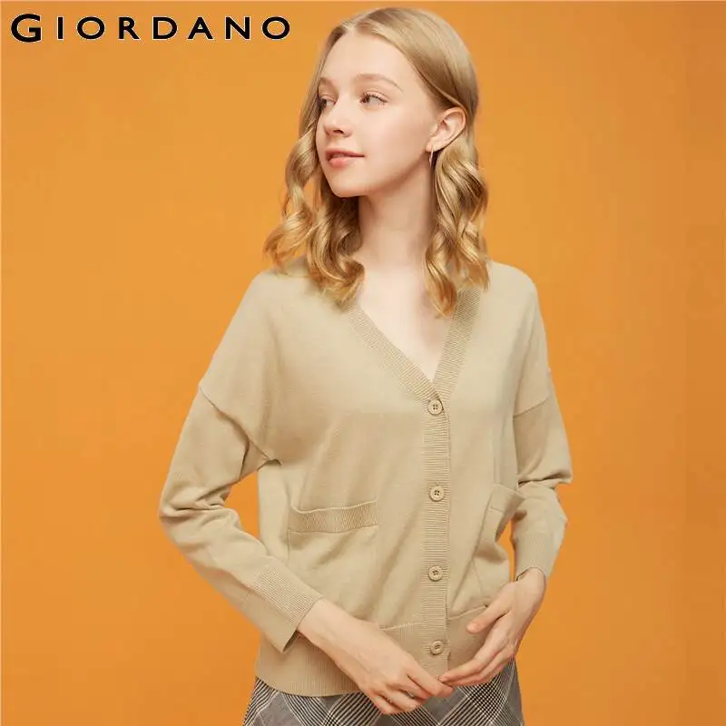 Giordano женский кардиган с v образным вырезом на пуговицах, из натурального хлопка