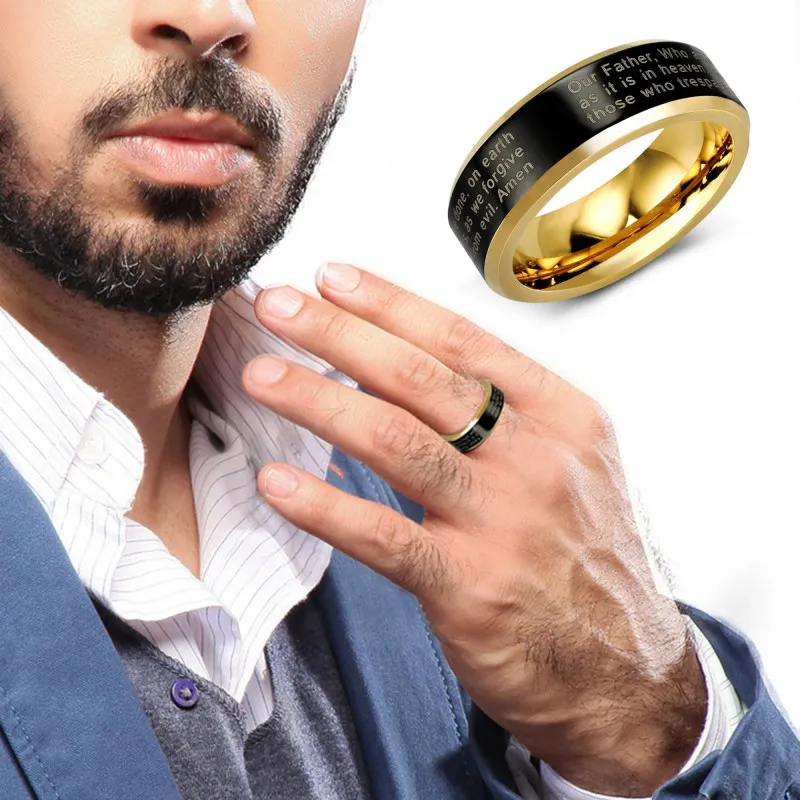 

Carved Jesus Cross Men's Ring Stainless Steel Fashion Prayer Letter Ring Men's Amulet Jewelry