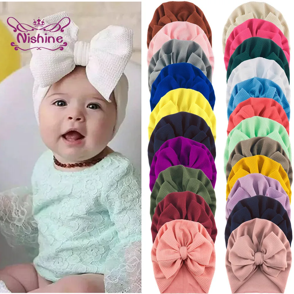 Nishine 24 Colors Newborn Baby Girls Big Bowknot Hats Toddle Infant Knit Turban Beanie Caps Kids Accessories Photo Props