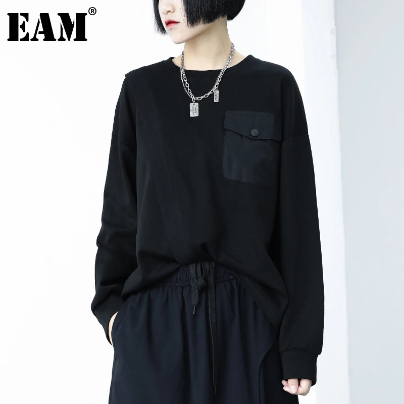 

[EAM] Loose Fit Black Irregular Casual Sweatshirt New Round Neck Long Sleeve Women Big Size Fashion Spring Autumn 2022 1DE2695