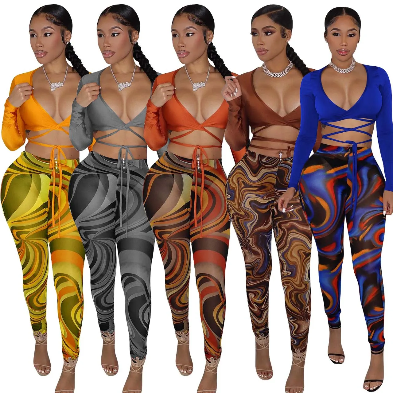 

High-quality Women's New Fashion Sexy Long-sleeved Net Gauze Printed Chest Hollow High Elasticity Lace Two-piece Suit Exotic