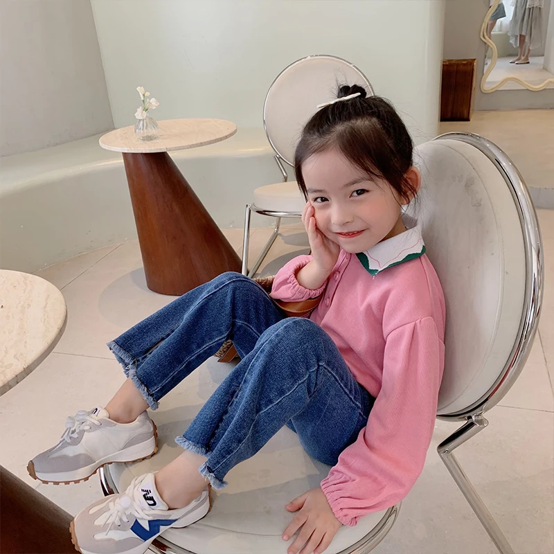 MILA CHOU 2021 Autumn Baby Girls Cotton Polo Collar All-match Full Sleeve T-shirt Kids Children Pullover Pink Tops Tee 2-8Y