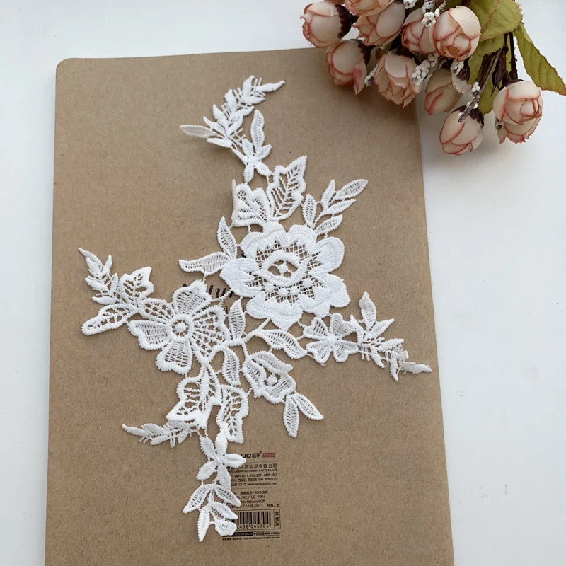 

Embroidery Patches Wedding-Dress Beaded Fabric Applique Sewing 3D-Flower Lace Tulle Bridal Milk Silk Water Soluble Hollow
