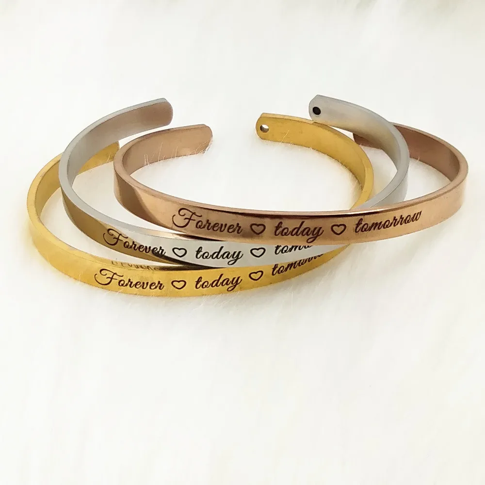

PolishedPlus Customized bracelet forever today tomorrow Inspirational stainless steel bangle Letter personalized for Women gift