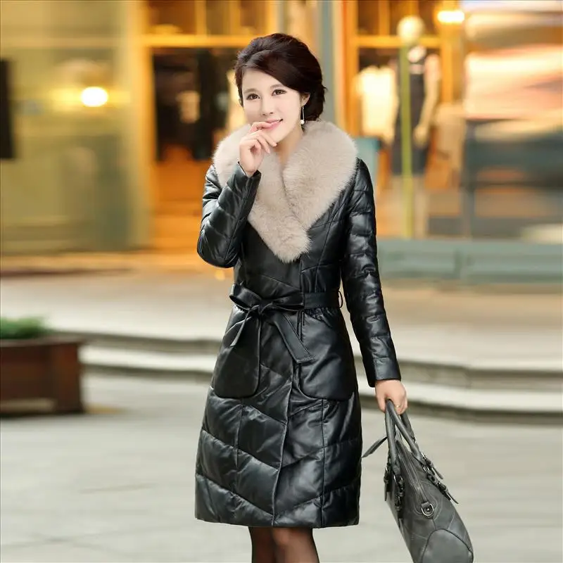 

Warm 2023 Winter Women's Down Cotton Fox Fur Collar Jackets Long Plus Size Faux Leather Jacket HJ679