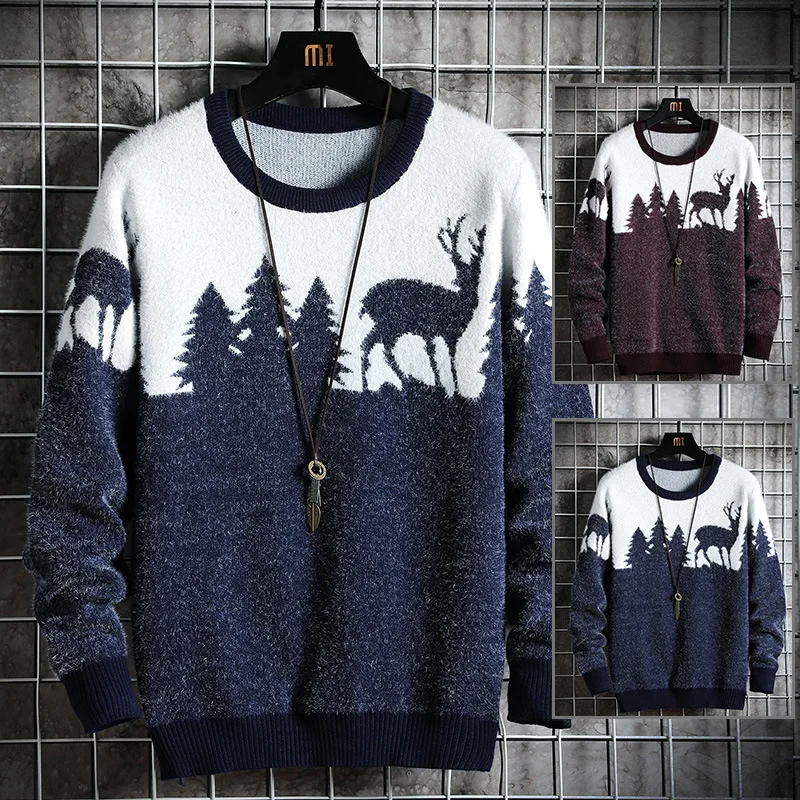 

Best Sale Men Fashion Fluff Christmas Knitted Pattern Crewneck Wool Pullover Sweater
