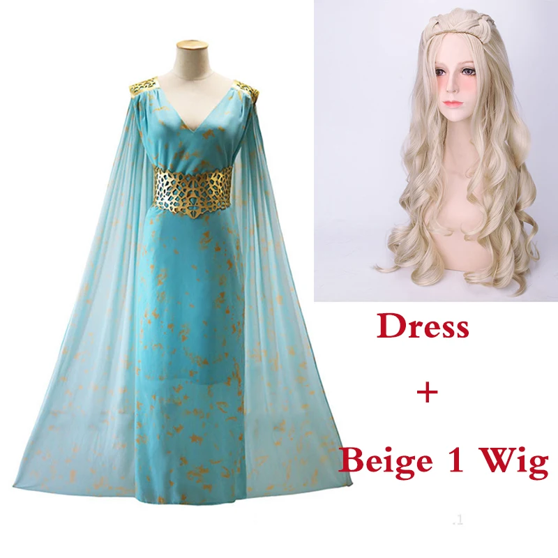 Dress Beige 1 Wig Костюм для косплея «Игра престолов», 8 сезон, свадебное платье Дейенерис Таргариен, вечерние костюмы на Хэллоуин, длинное синее платье для женщин и девочек - Цвет: Dress Beige 1 Wig