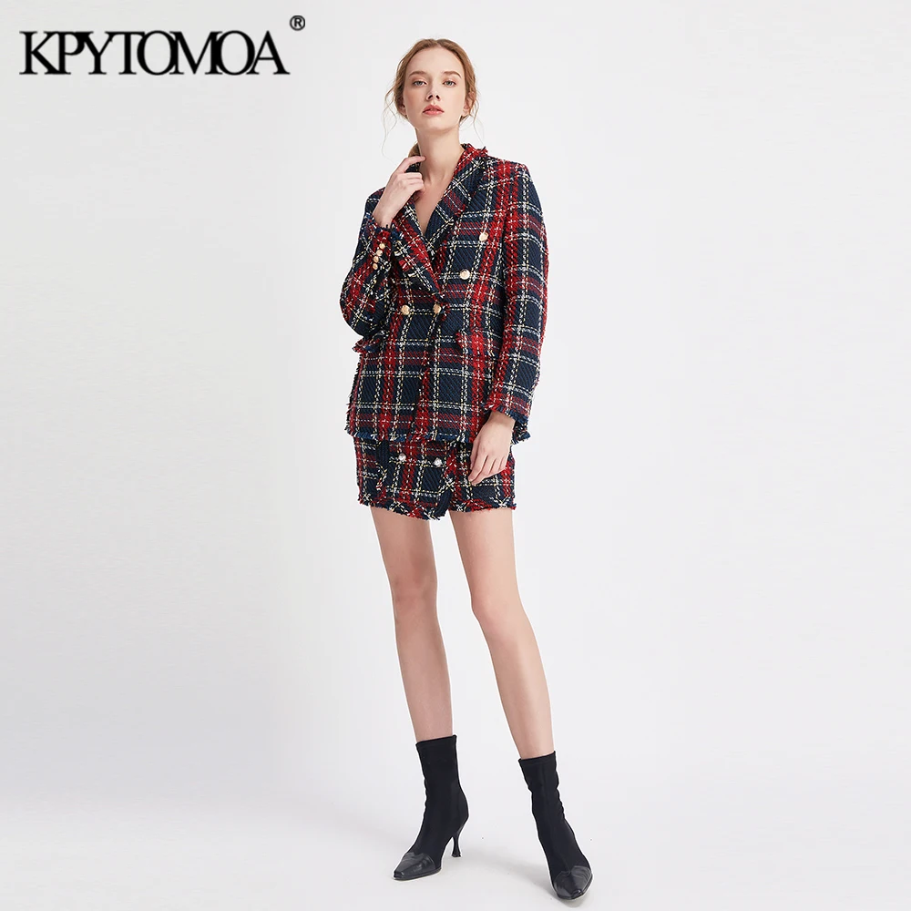 

Vintage Double Breasted Frayed Checked Tweed Blazers Coat Women 2020 Fashion Pockets Plaid Ladies Outerwear Casual Casaco Femme