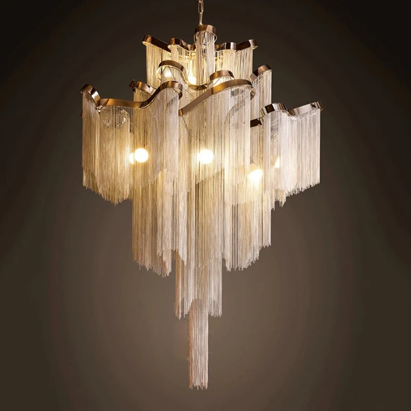 De lujo de aluminio de luz colgante D80cm de plata de oro borla cadena luz salón de Hotel arte decorativo lámparas colgantes LED