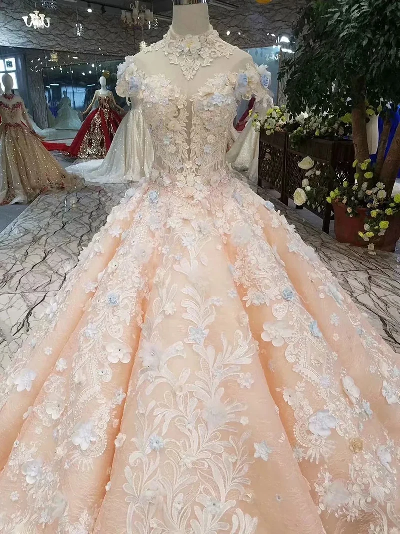 BGW 22913ht Girl Ball Gown Evening Dresses Floor Length Color Flowers High Neck Cap Sleeve Lace Up Back Prom Dresses Curve Shape