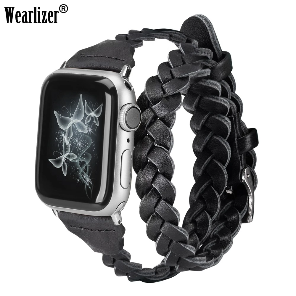 Wearlizer Leather Weave Band for Apple Watch Band 5 38mm 40mm 42mm 44mm Double Wrap Watch Strap for iWatch Series 5 4 3 2 1