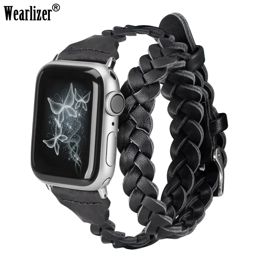 Ремешок Wearlizer Кожаный Плетеный для Apple Watch Band 5 38 мм 40 42 44 двойной браслет iWatch Series 4 3 2