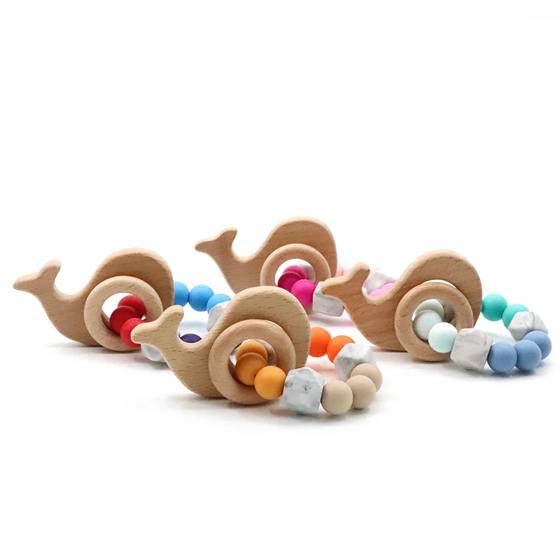 

Four-color Wooden Baby Teethers Silicone Bracelet Organic Teether Non-toxic Food Grade Can Chew Toy Teething Jewelry