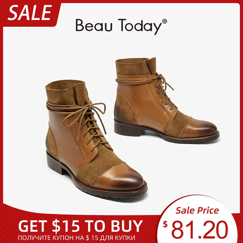 BeauToday/кожаные ботильоны Женские ботинки из коровьей замши Лоскутная Обувь На