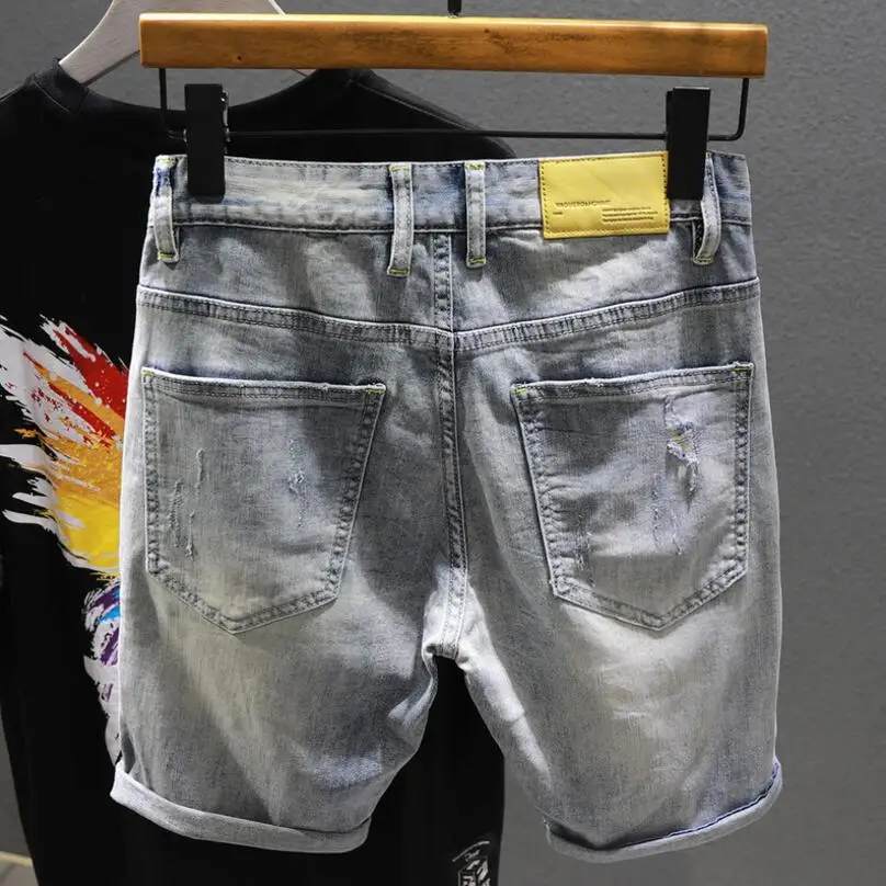 Men Blue Denim Shorts Jeans Stretch Elastic Jeans Shorts Hight Quality Male Cotton Straight Fit Jeans Shorts Thin Holes Jeans images - 6