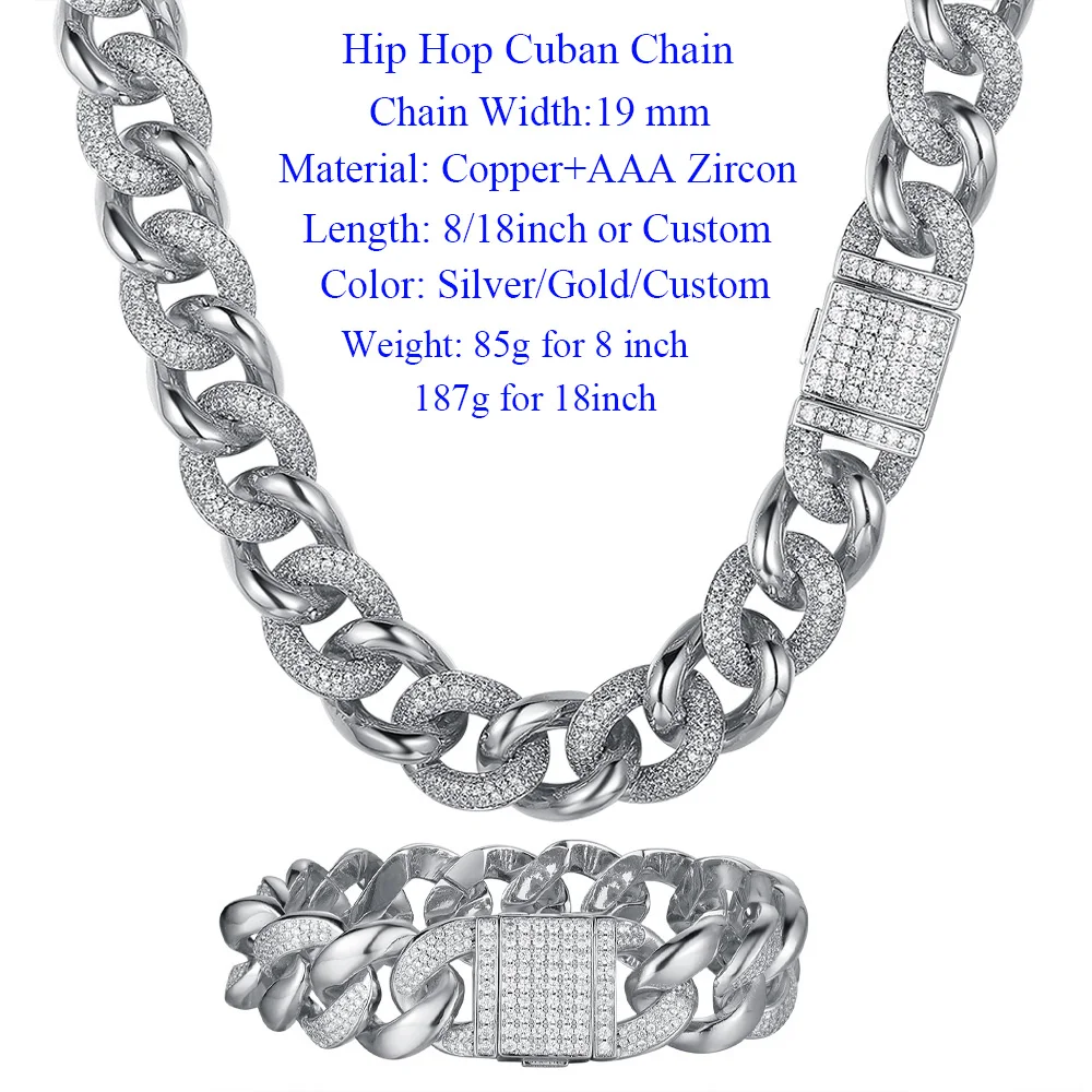 

Luxury Zircon CZ Hip Hop Miami Cuban Link Chain 19mm Large Bracelet Men Necklace Dropshipping Street Rapper Jewelry