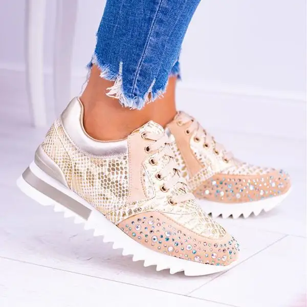 

hot4 Women Autumn Chunky Vulcanized Shoes Fashion Casual Shoes Snakeskin Print Crystal Lace-Up Sneakers Non-slip Low Women's Hee