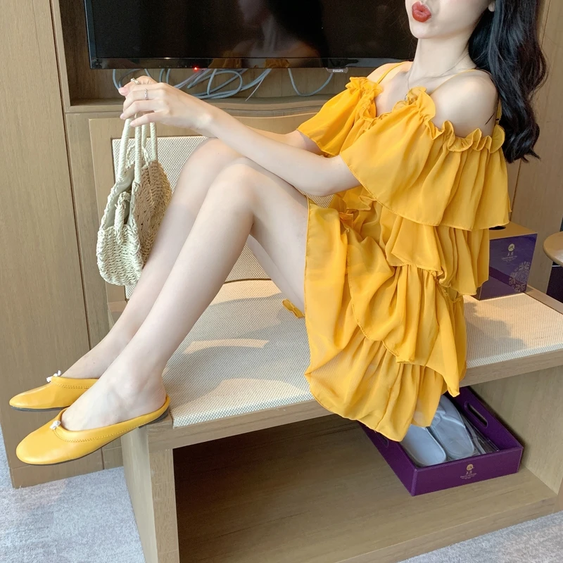 

Sexy Strapless Suspenders 2021 Summer New Versatile Solid Color Chiffon off-Shoulder Multi-Layer Tiered Dress for Women