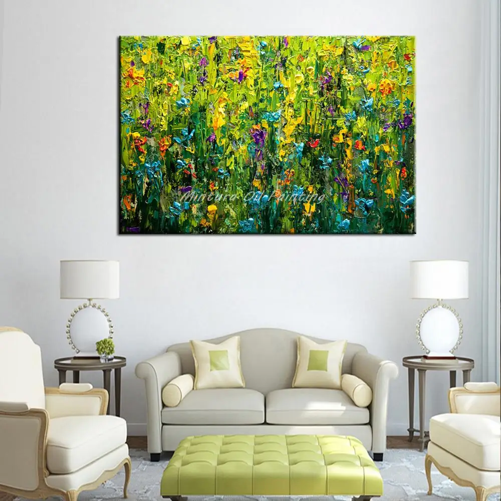 Минтура Ручная роспись на холсте маслом с густой текстурой абстрактных цветов травы для украшения стены спальни современное художественное изображение.