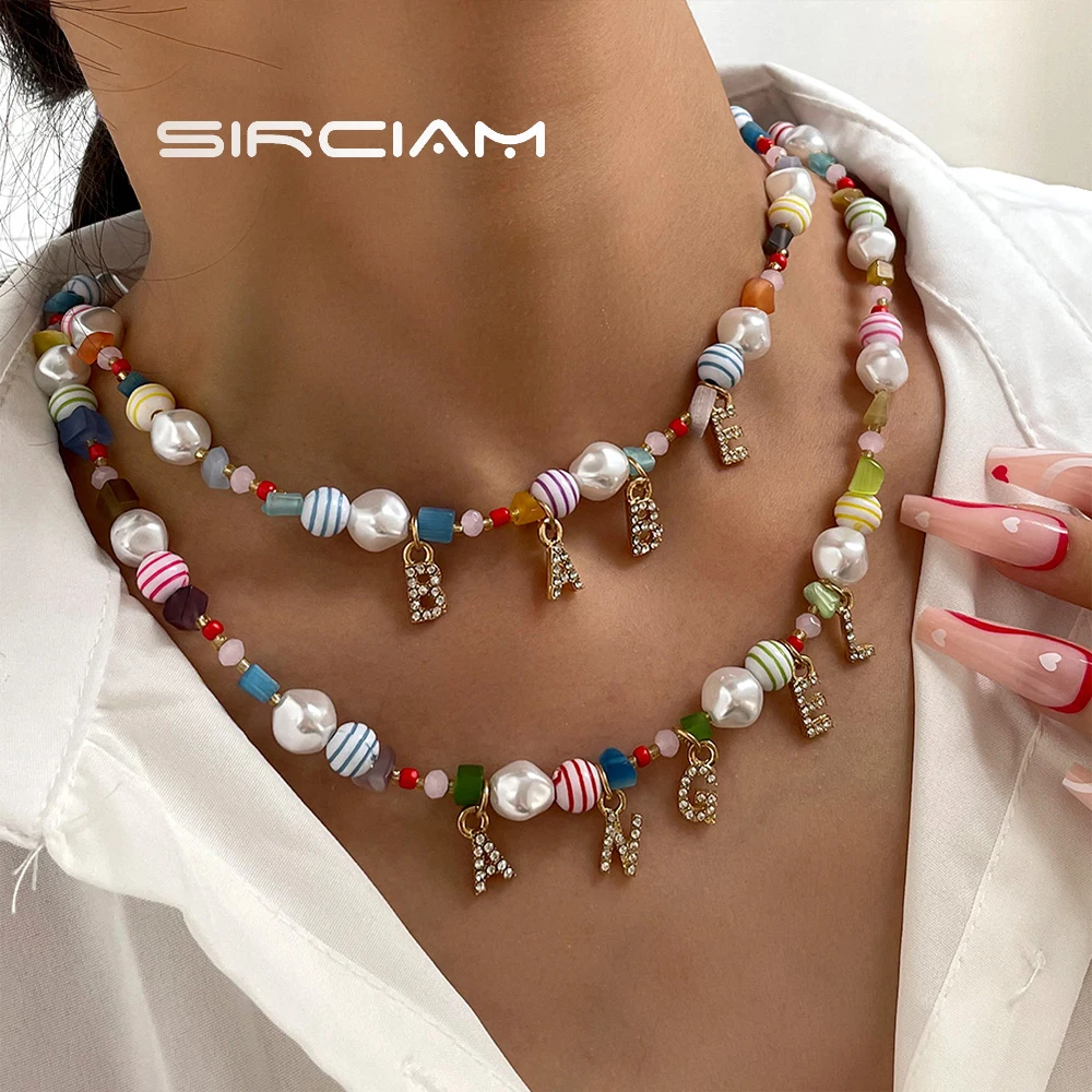 

Handmade Custom Letter Colorful Beaded Necklace For Women Imitation Pearl Choker DIY Name Initial Necklaces Wholesale Jewelry