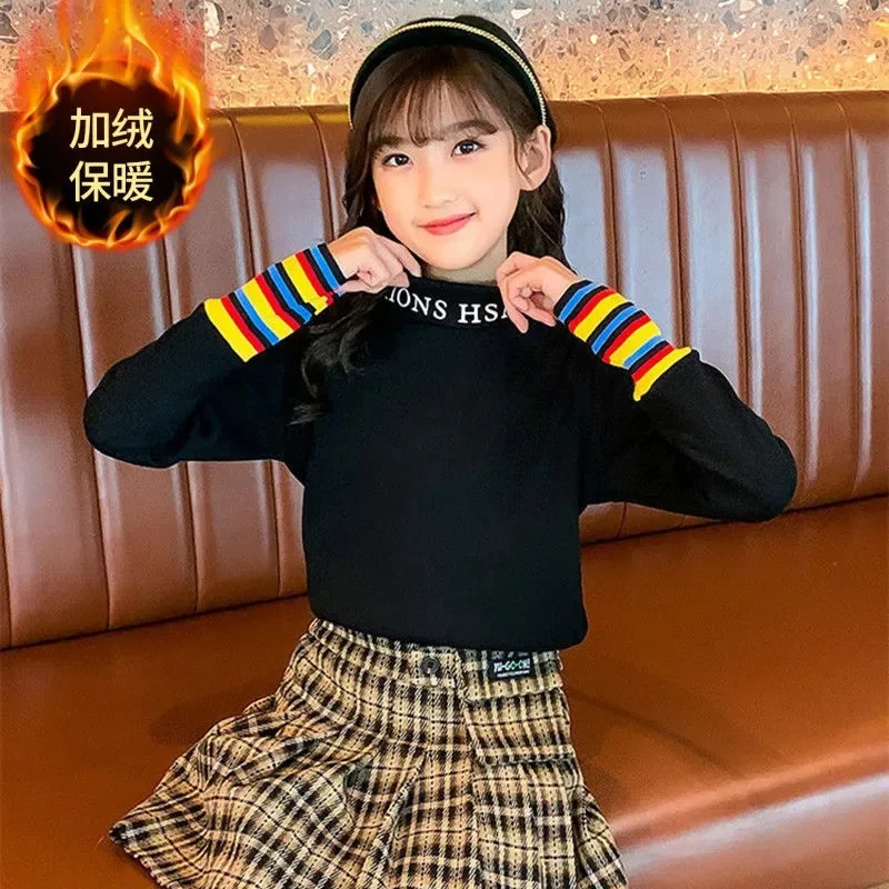 

Children Girls Winter Top Turtleneck Bottoming Shirt Student Long-sleeved T-shirt Plus Fleece Kids Clothing For 10 12 13 14 Year