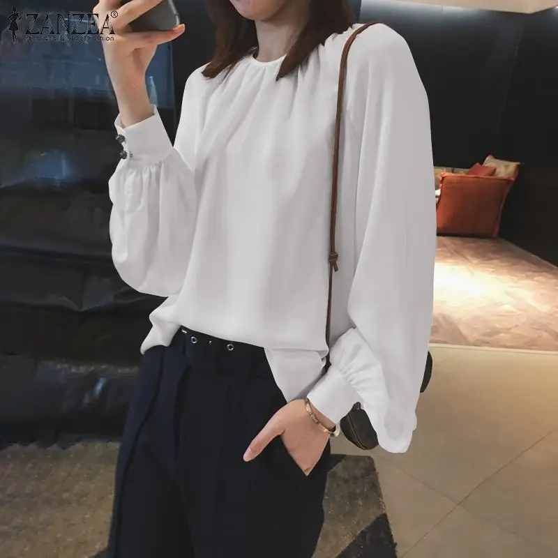 

ZANZEA Women Elegant Satin Shirt Autumn Long Sleeve Solid OL Blouse Femininas Spring Tops Chemise Tunic Casual Work Blusas