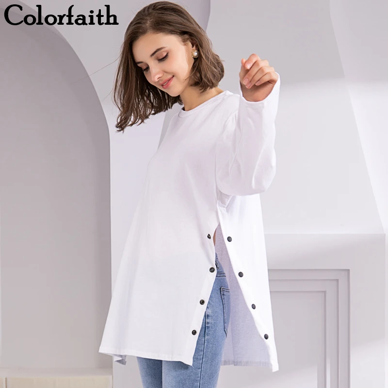 Повседневные длинные футболки Colorfaith белые черные однотонные в Корейском стиле с