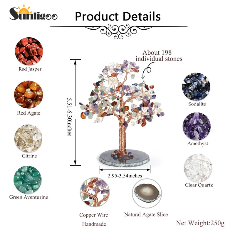 Sunligoo 1x сушильный камень денежное дерево фэн-шуй украшения кристалл драгоценный камень Дерево жизни фигурки и Агат ломтик домашний декор подставка