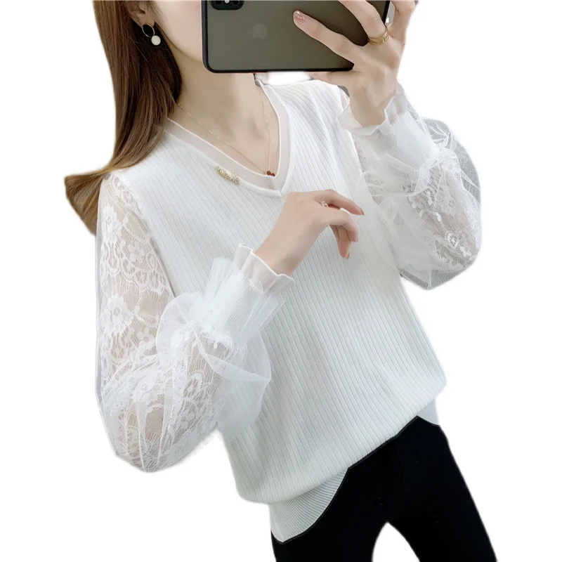 

Room 194651, row 4, No. 6, middle] real photo of spring thin pure lace sleeve V-neck Pullover Sweater 38