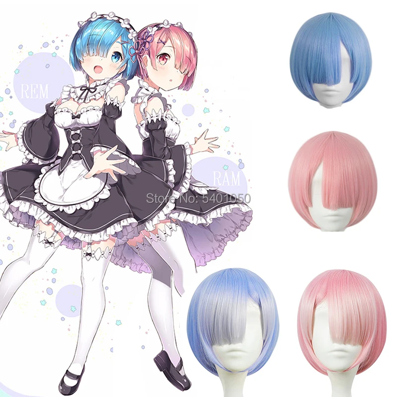 Парик для косплея Рам/Рем Re:zero Kara Hajimeru Isekai Seikatsu голубой розовый парик служанки