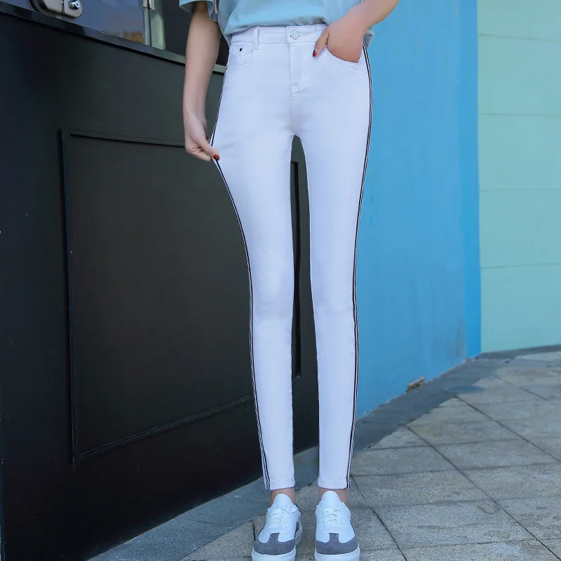 

Woman High Waist Jeans Push Up Hip Pencil Lift Skinny Stretch Jean Trousers Lady Side Stripe Slim Fit Elastic Pocket Denim Pants