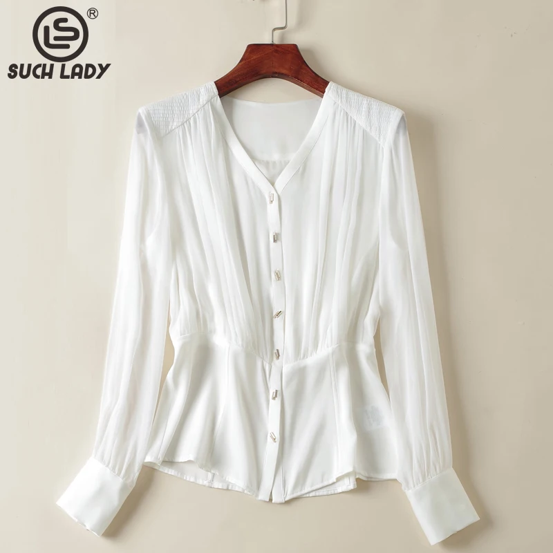

92% Silk 8% Spandex Women's Shirt V Neck Long Sleeves Ruched Ruffles Fashion Blouse Tops