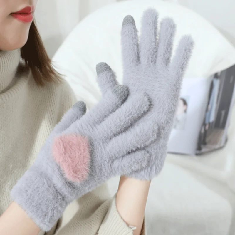 Gloves Knitted Women Touch Screen New Winter Soft Rabbit Wool Knitted Gloves Warm Lovely Girls' Pink Heart Mittens Gloves