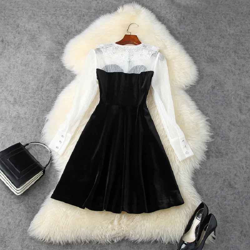 

new Superior quality 2021 autumn Lace stitched velvet dress High waist lady Embroidery dresses Long sleeves Women Party Dress