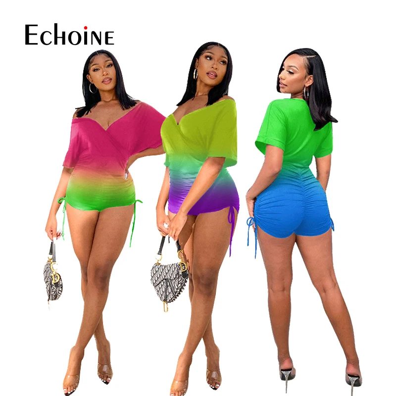

Echoine Women Sexy Highelastic Gradient Print Bodycon fashion Bandage folds Summer Beach Party Playsuits Short Pants Rompers