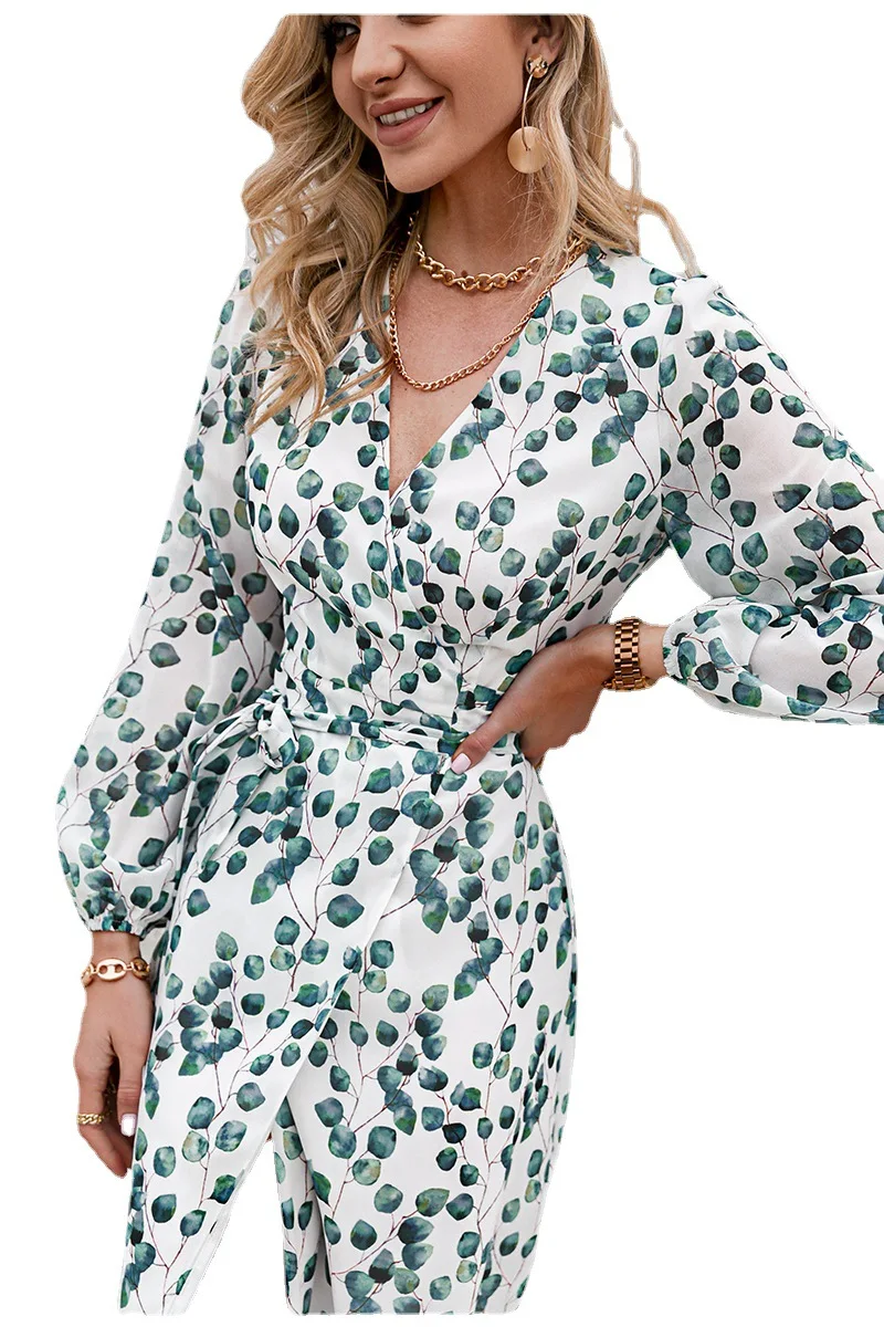 

2021 European and American print spring and summer long sleeves with A-shaped holiday leaf avant-garde women's dress
