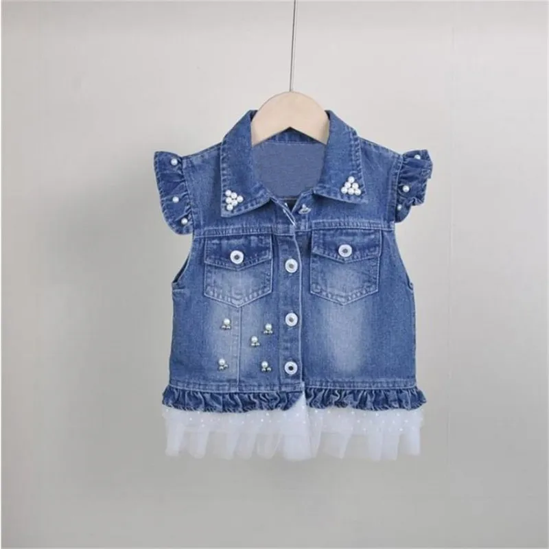 chifuna New Fashion Boutique Angel wings mesh pearl ruffle girls lapel denim Vest children Jacket Fall Autum Outerwear Coat | Детская
