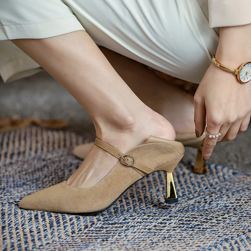 

Buckle Mary Janes Full Genuine Leather High Heels Pumps Wedding Women Shoes Thin Heels Party Women Heels Office Ladie Shoes