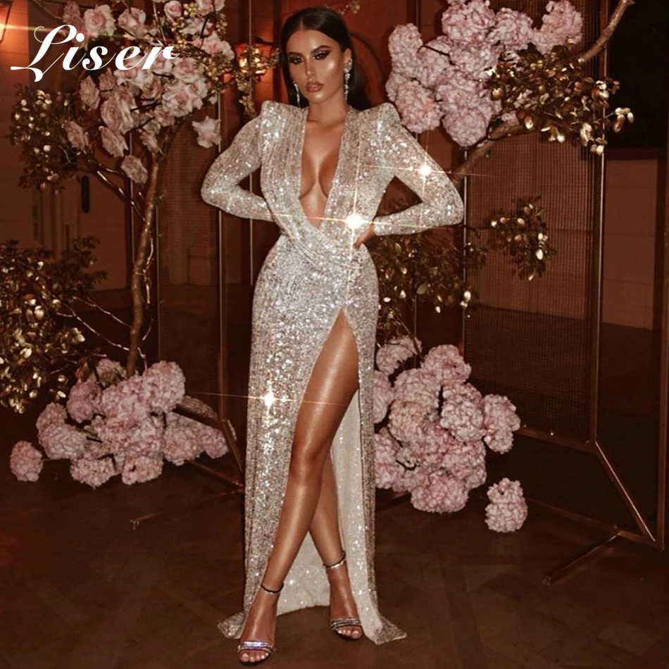 Женское платье до пола с V образным вырезом серебристое блестками в стиле Звезд